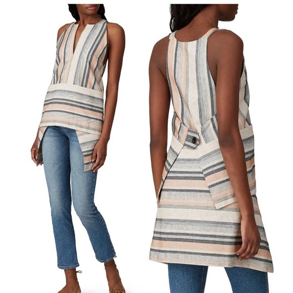 Rosetta Getty Apron Wrap Halter Top Tan Black Jacquard Stripe Sleeveless Tunic - Picture 1 of 11